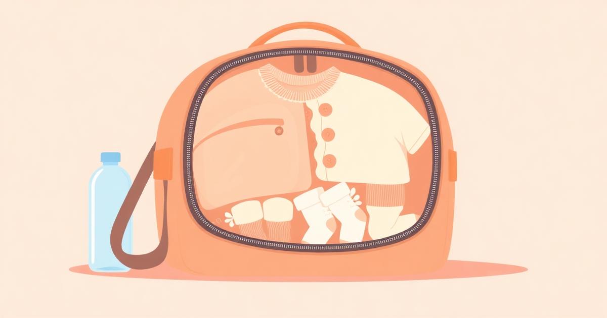 Illustration of a packed hospital bag with baby clothes and a water bottle